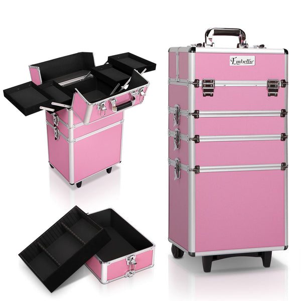 Embellir Makeup Case Beauty Trolley Cosmetic Organiser Box Travel Wheels Pink - Silk Rolla