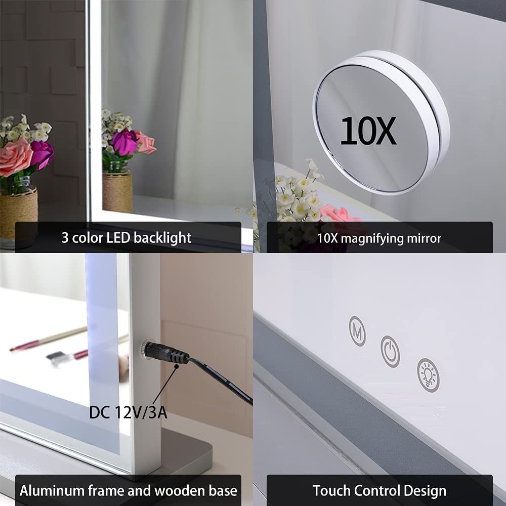 Hollywood LED Makeup Mirror with Smart Touch Control and 3 Colors Dimmable Light (72 x 56 cm) - Silk Rolla