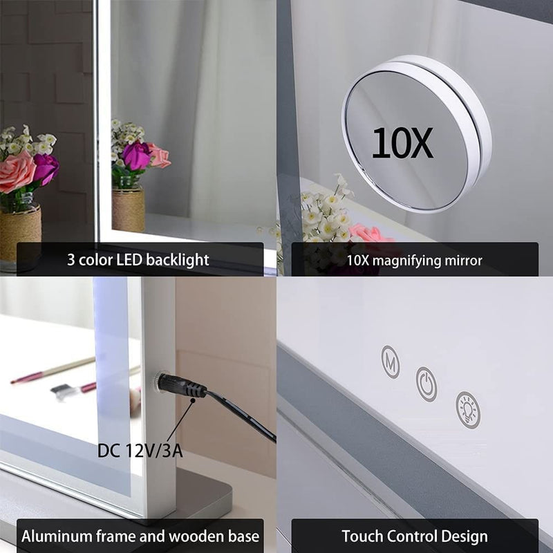 Hollywood LED Makeup Mirror with Smart Touch Control and 3 Colors Dimmable Light (72 x 56 cm) - Silk Rolla