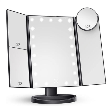 Tri-Fold Lighted Makeup Mirror, 22 LED Vanity Mirror with 1X/2X/3X/10X Magnification, Portable Cosmetic Mirror - Silk Rolla