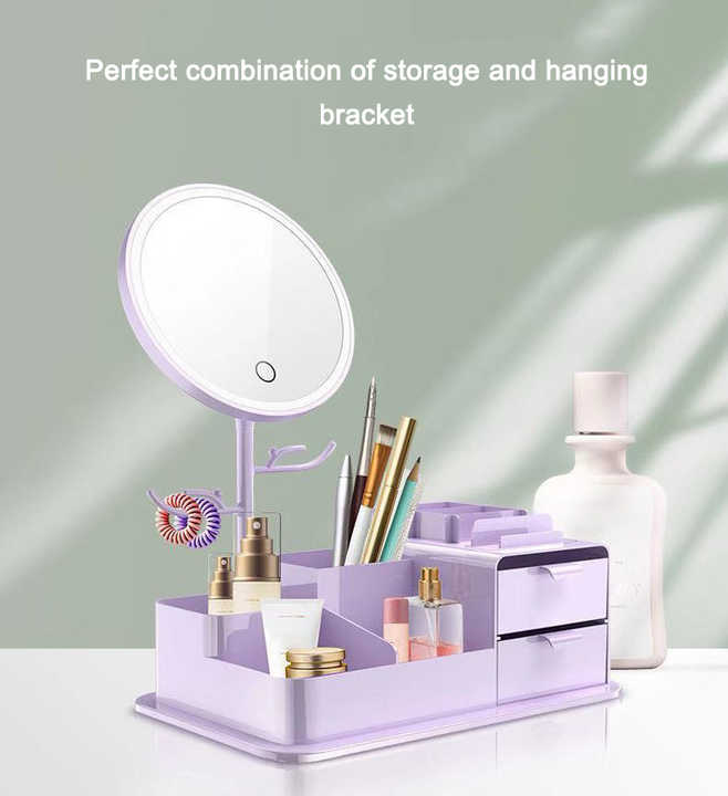 LED Vanity Makeup Mirror with Storage, Rotating Makeup Mirror, USB Rechargeable Desktop Organiser - Silk Rolla