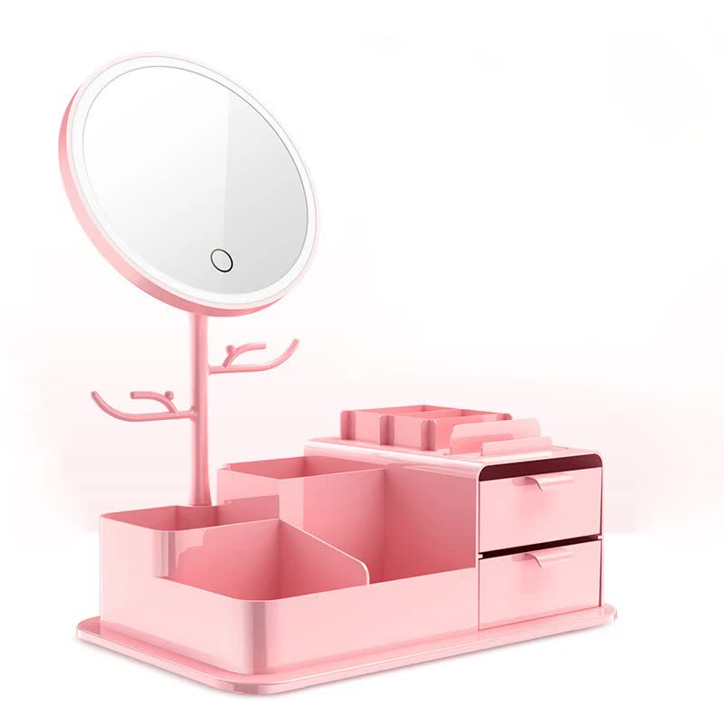 LED Vanity Makeup Mirror with Storage, Rotating Makeup Mirror, USB Rechargeable Desktop Organiser - Silk Rolla