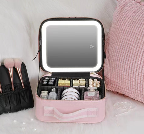 Professional Large Makeup Vanity Case With LED Light & Mirror Portable Travel Cosmetic Case - Silk Rolla